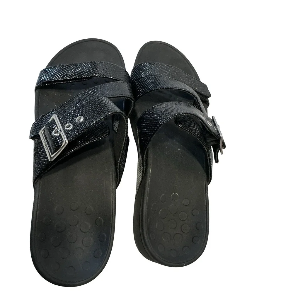 Vionic‎ Sandals Womens Size 11 Black Rio Lizard Skin Slide Buckle Casual Wedge